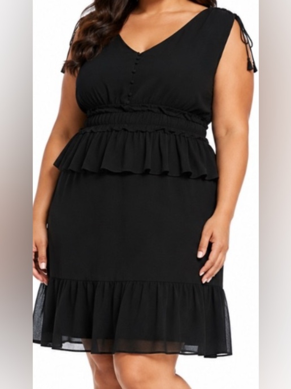 🆕 Gibson & Latimer • Black • V-Neck • Chiffon Ruffle • Smock Waist Dress •  XL